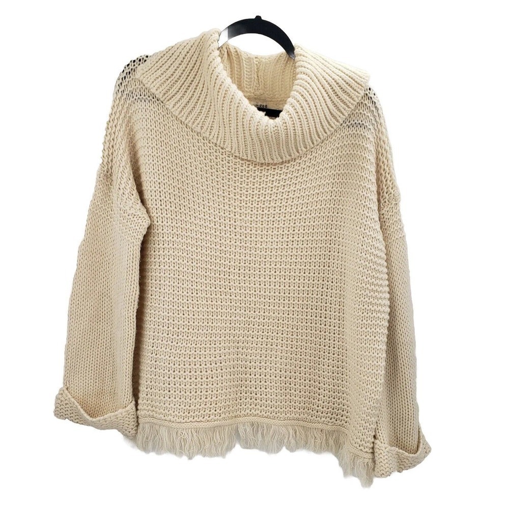 Umgee Cream Fringe Sweater Womens Size Medium Turtleneck Oversized Chunky Knit